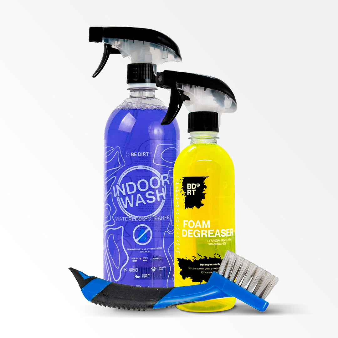 INDOOR_PACK_INDOOR_WASH_LIMPIADOR_EN_SECO_CUADRO_FOAM_DEGREASER_DESENGRASANTE_CADENA_CASSETTE_CASSETTE_BRUSH_CEPILLO_CASSETTE_CADENA_BE_DIRT_BEDIRT_BICICLETA_BICI_MOTOCICLETA_MOTO_DEPORTE_CICLISMO_BTM_RUTA_ENDURO_LIMPIEZA_LIMPIO_LIMPIADORES